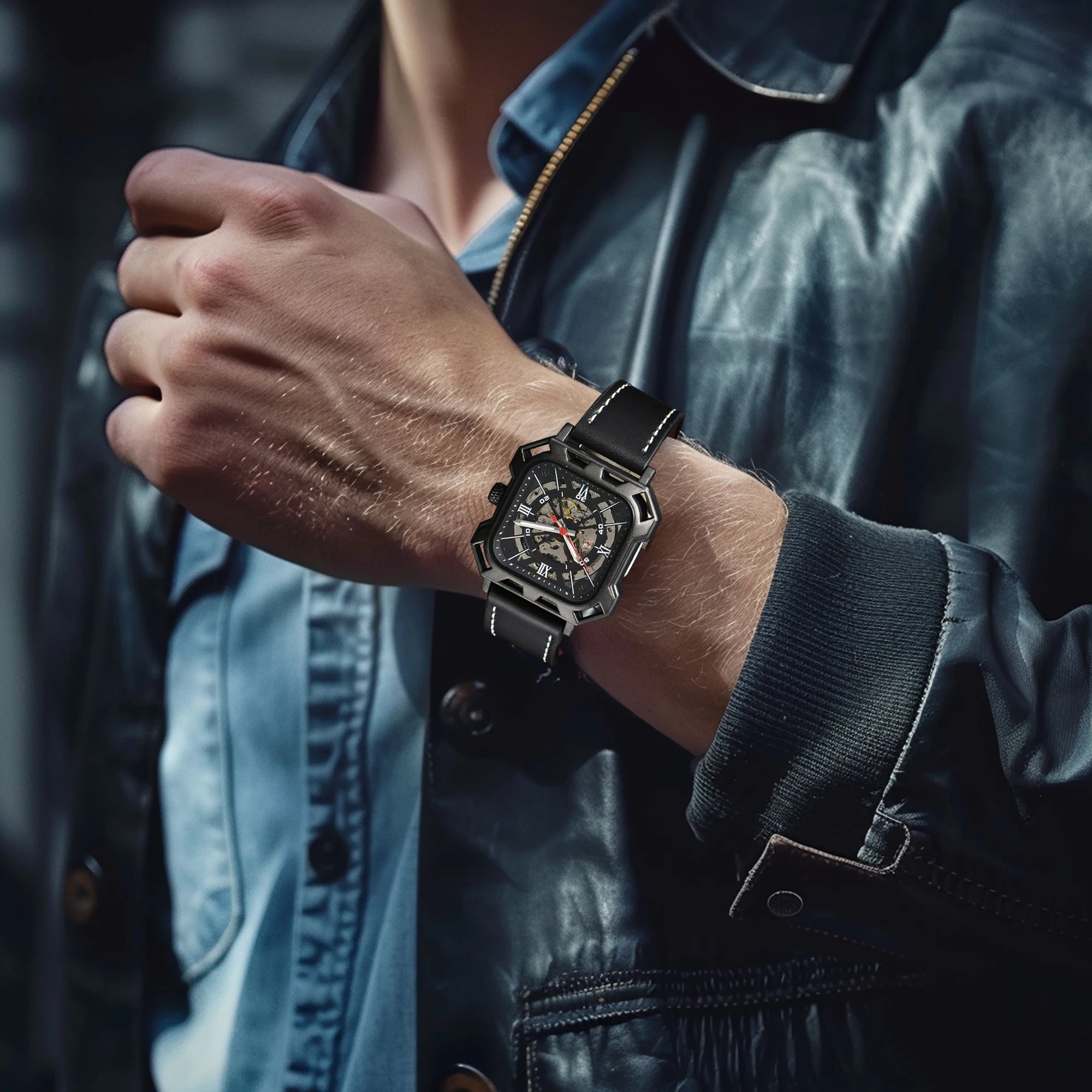 Automatic Watch Mechanical Black Leather