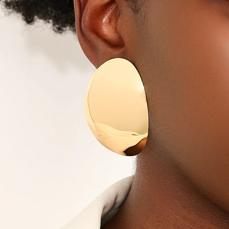 Exaggerated Metal Smooth Big Oval Stud Earrings