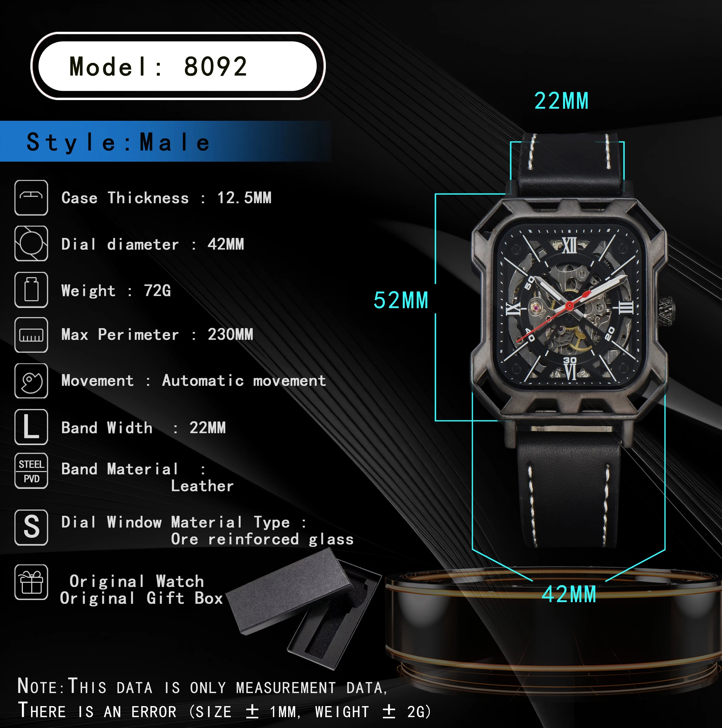 Automatic Watch Mechanical Black Leather